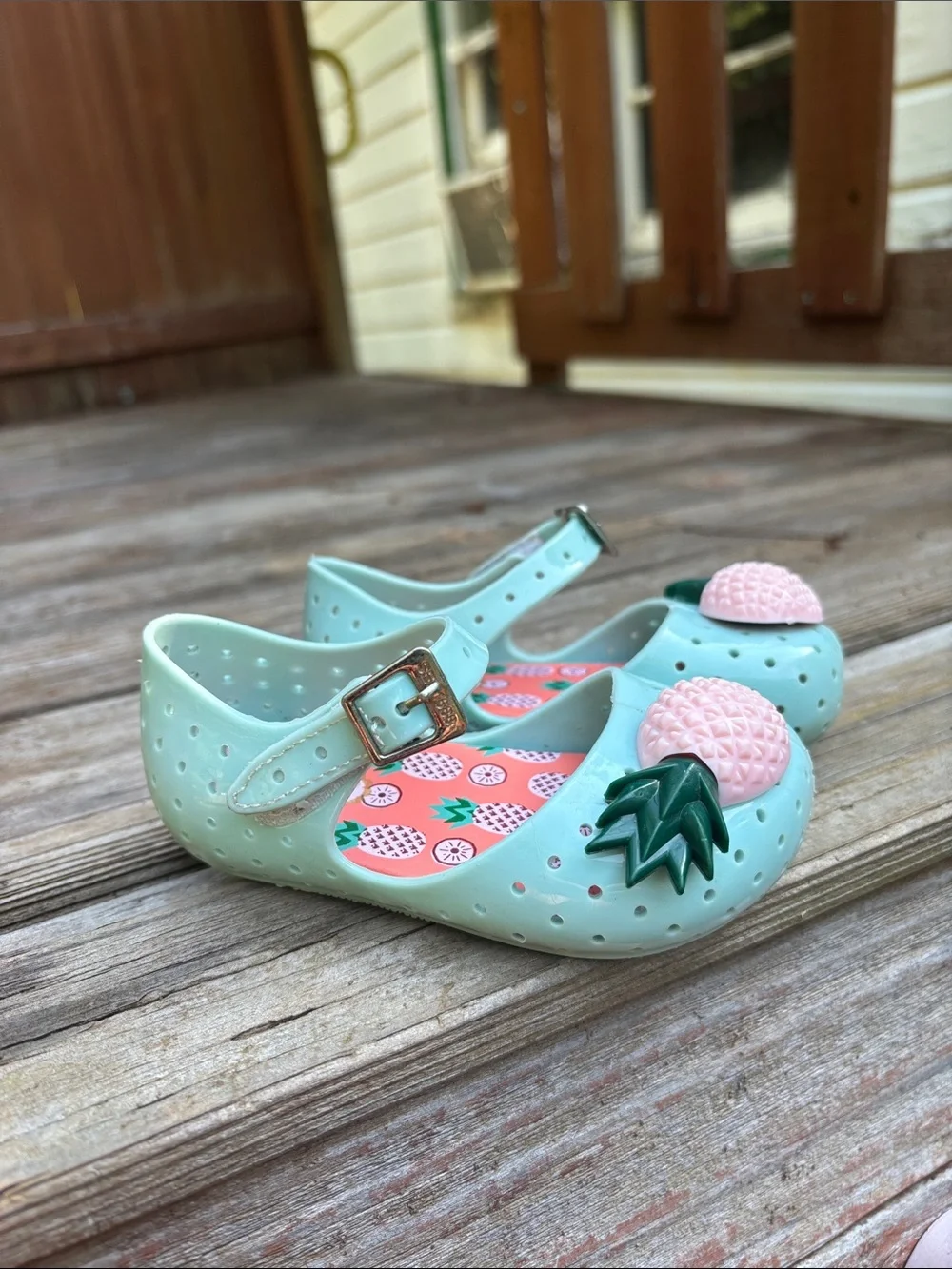 Mini Seed Mint Jelly Mary Janes with Pink Pineapple Appliqués